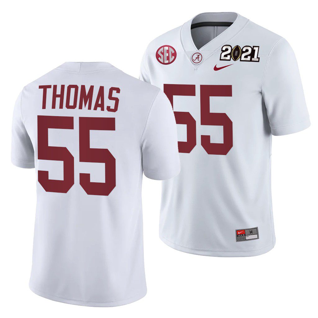 Men's Alabama Crimson Tide Derrick Thomas #55 White 2021 Rose Bowl Champions Playoff Away NCAA College Football Jersey